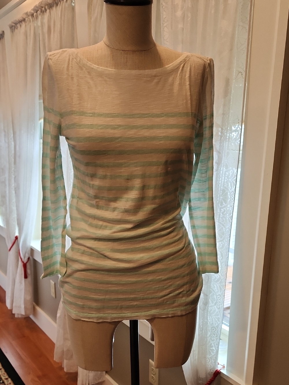 White and Mint Striped 3/4 Sleeve Women's Top
